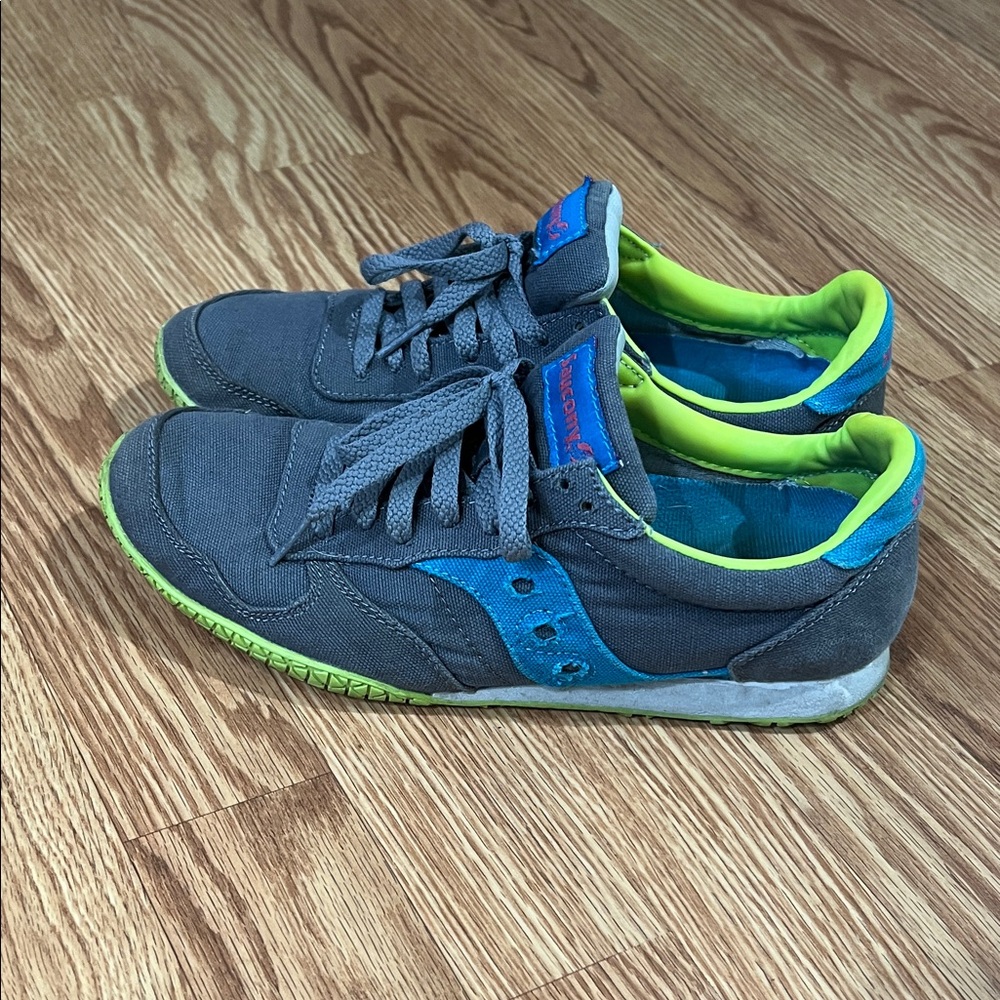 Saucony Gray and Blue Sneakers with Neon Green Accents